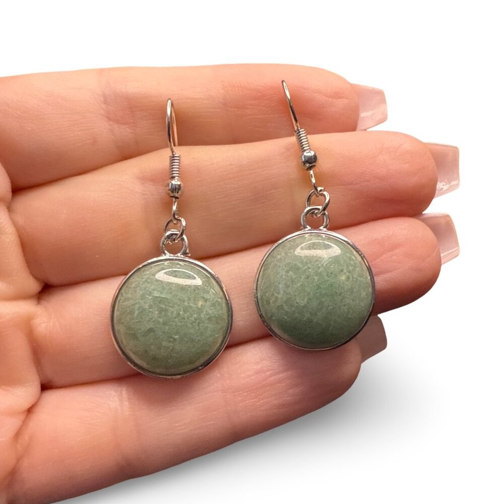 Earrings women’s Green Aventurine Round silver jewelry fashion accessories NEW